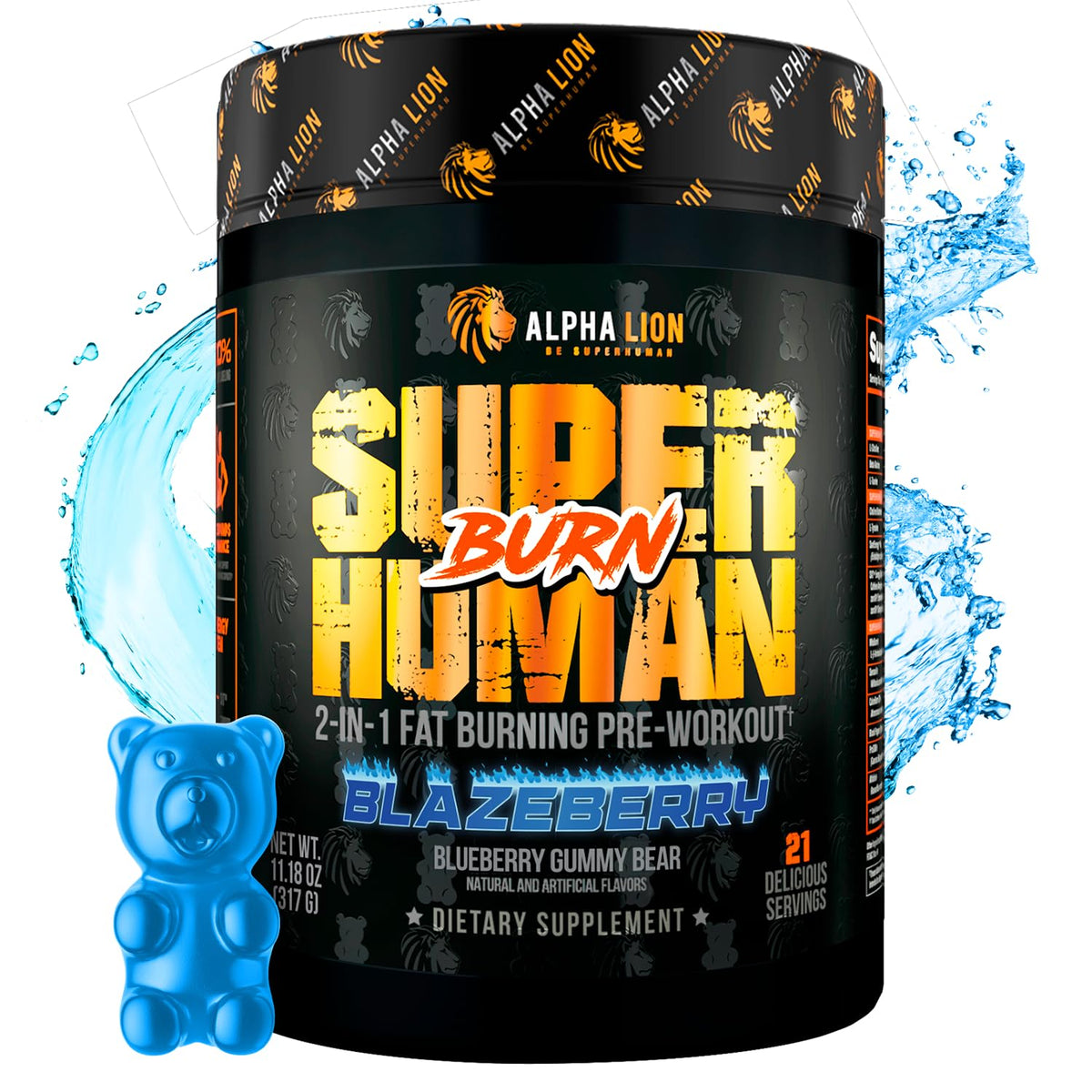 ALPHA LION Superhuman Burn blue gummy bear tub fuels sustained pre-workout energy
