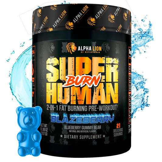 ALPHA LION Superhuman Burn blue gummy bear tub fuels sustained pre-workout energy