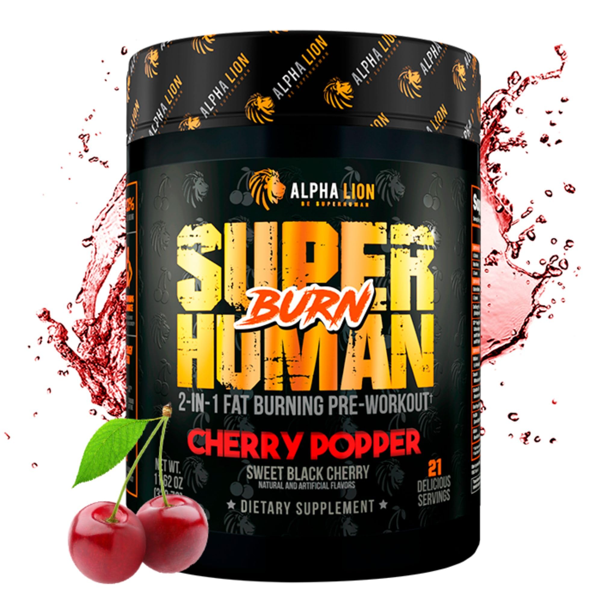 ALPHA LION Superhuman Burn bottle label showing 21 servings for sustained workouts