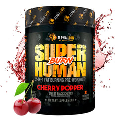 ALPHA LION Superhuman Burn bottle label showing 21 servings for sustained workouts