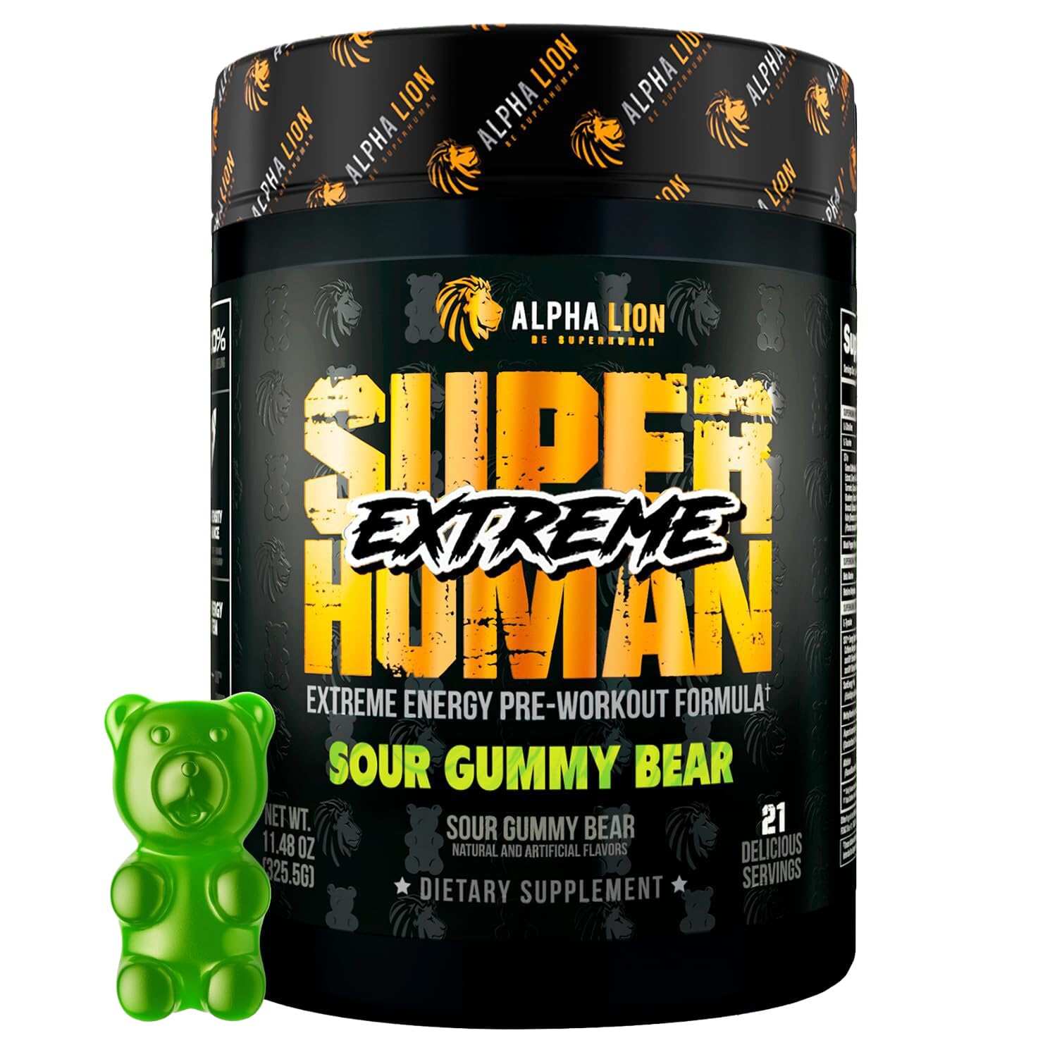 ALPHA LION Superhuman Extreme powder bottle front label for bold workouts