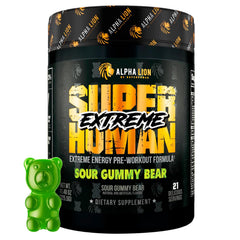 ALPHA LION Superhuman Extreme powder bottle front label for bold workouts