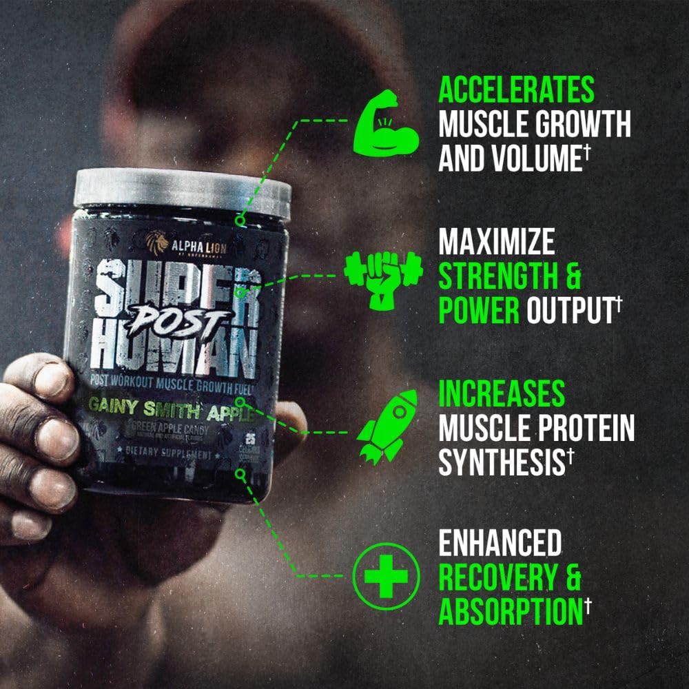 ALPHA LION Superhuman Post tub label highlighting ingredients