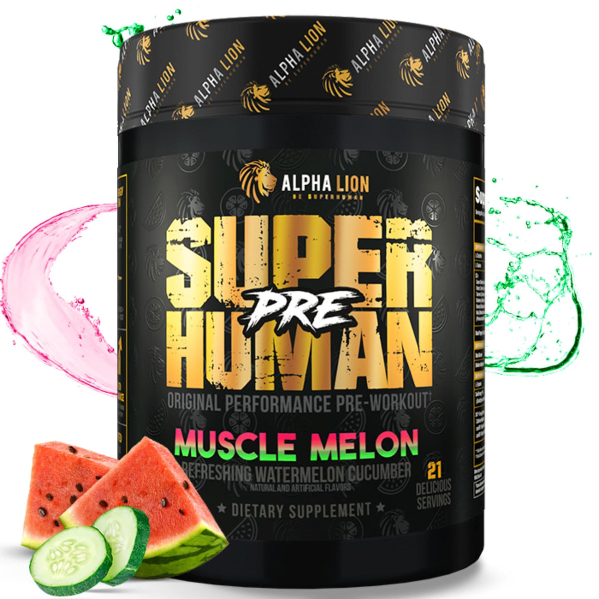 ALPHA LION Superhuman pre-workout powder tub with bold labeling for long-lasting energy in training sessions