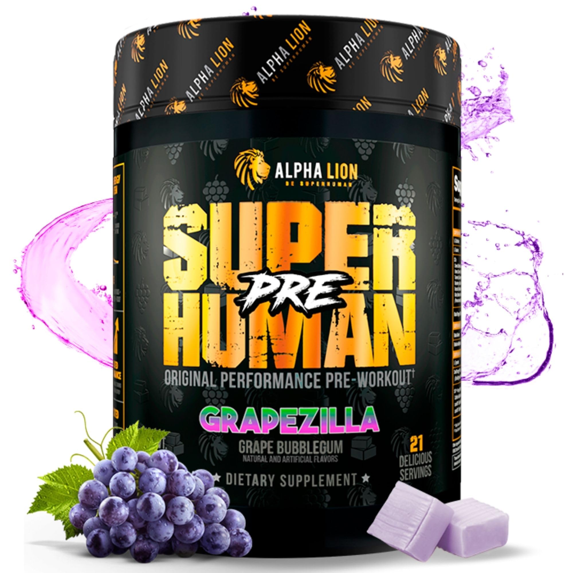 ALPHA LION Superhuman pre-workout bottle showing premium canister for lasting energy