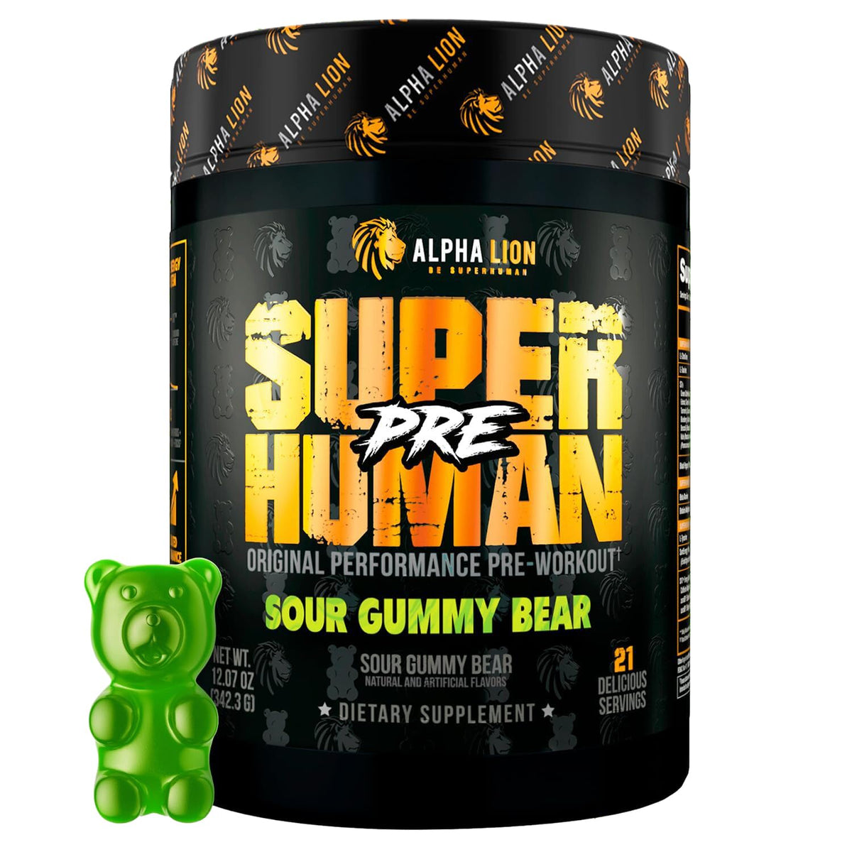 ALPHA LION Superhuman pre-workout jar front promotes premium energy for workouts
