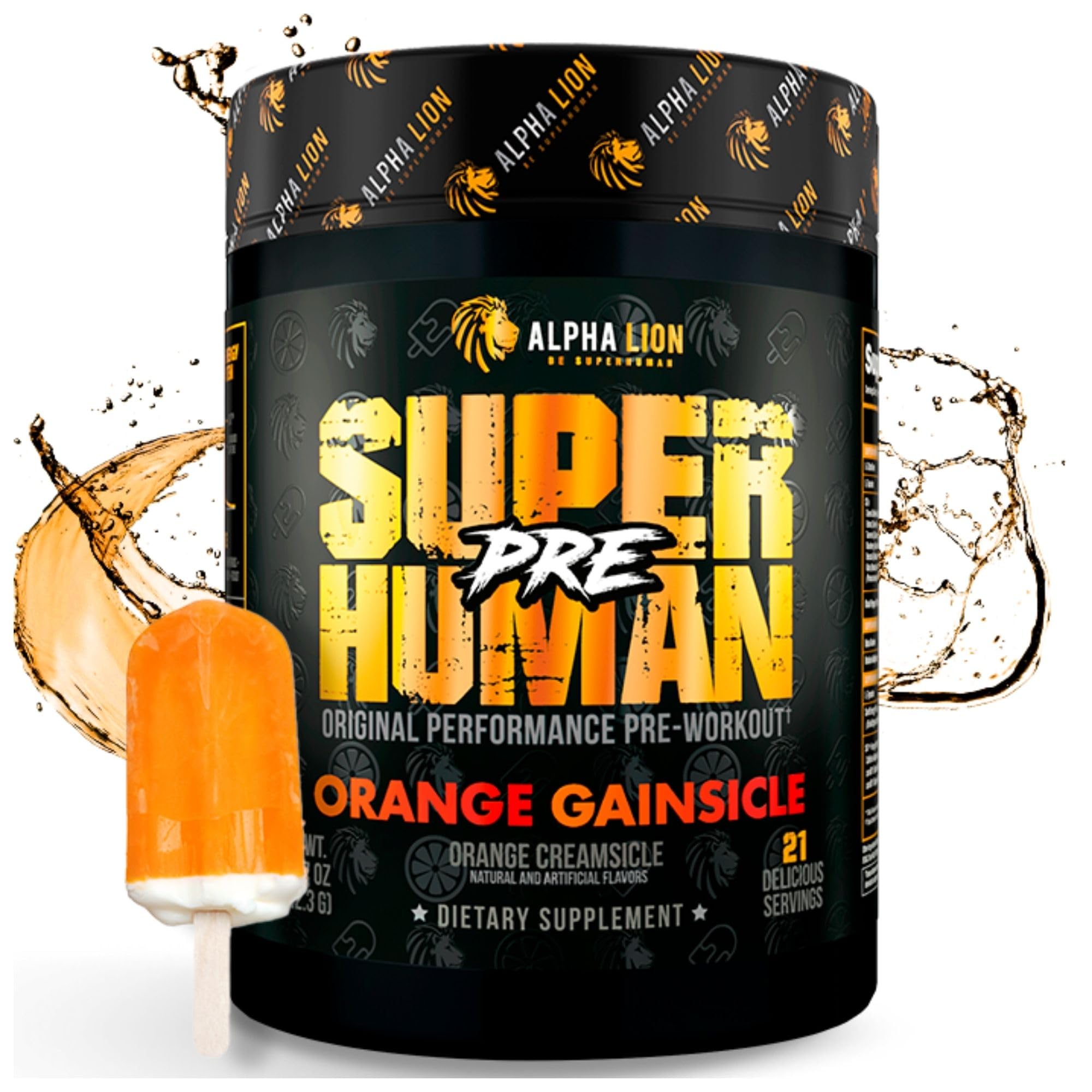 ALPHA LION Superhuman pre-workout powder tub for sustained energy and focus.