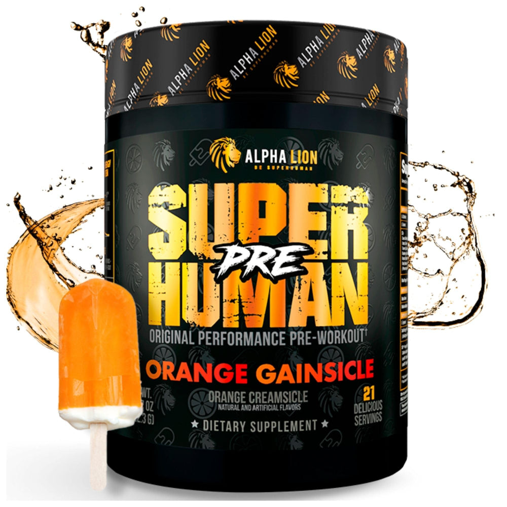 ALPHA LION Superhuman pre-workout powder tub for sustained energy and focus.