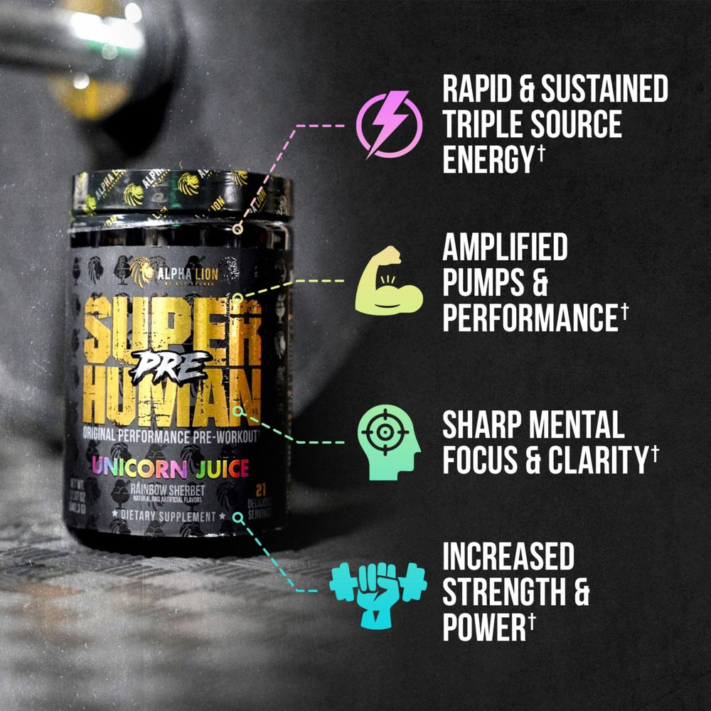 ALPHA LION Unicorn Juice poster-style artwork communicates focus and endurance vibes.