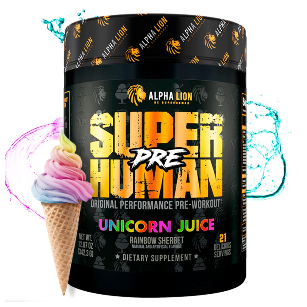 ALPHA LION Superhuman Pre Workout Unicorn Juice tub front promotes sustained energy for tough workouts.