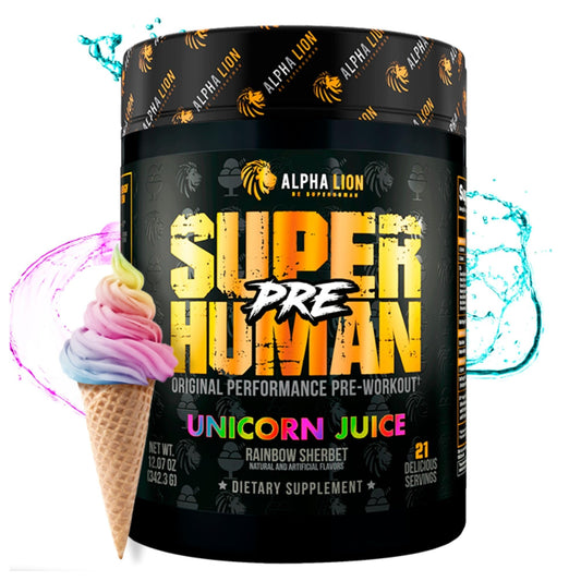 ALPHA LION Superhuman Pre Workout Unicorn Juice tub front promotes sustained energy for tough workouts.