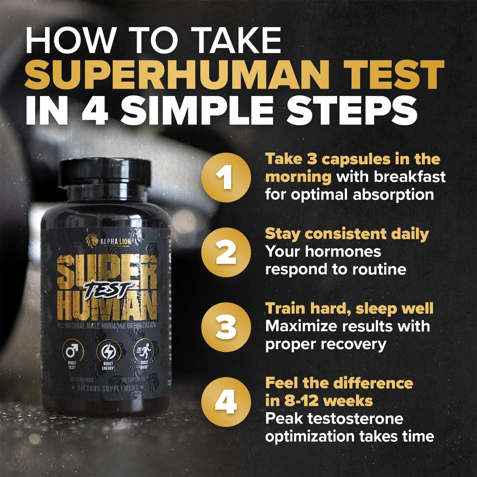 ALPHA LION Superhuman Test label closeup emphasizes transparency and ingredients.