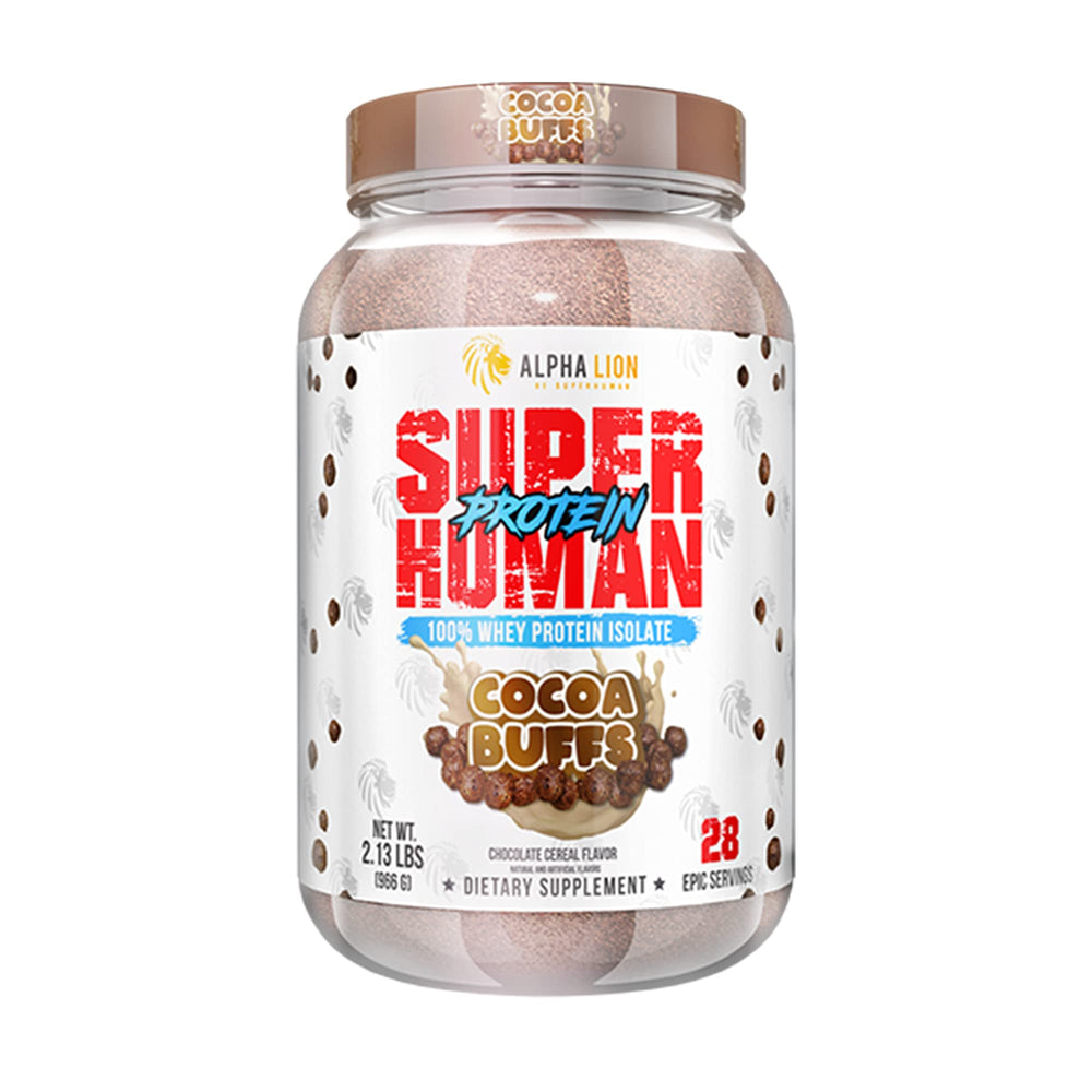 ALPHA LION Superhuman Whey Cocoa Buffs bottle showcases post-workout recovery support