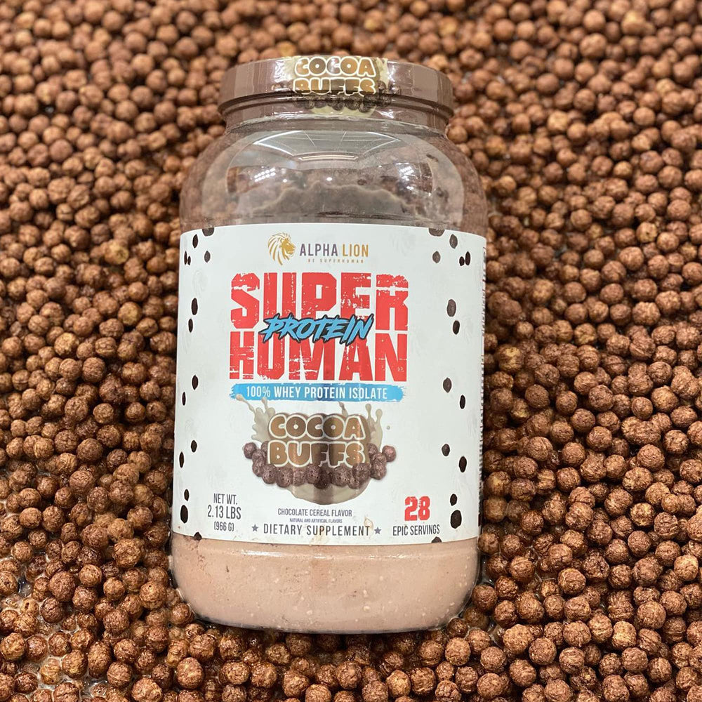 ALPHA LION Superhuman Whey Cocoa Buffs label close-up suggests premium quality ingredients