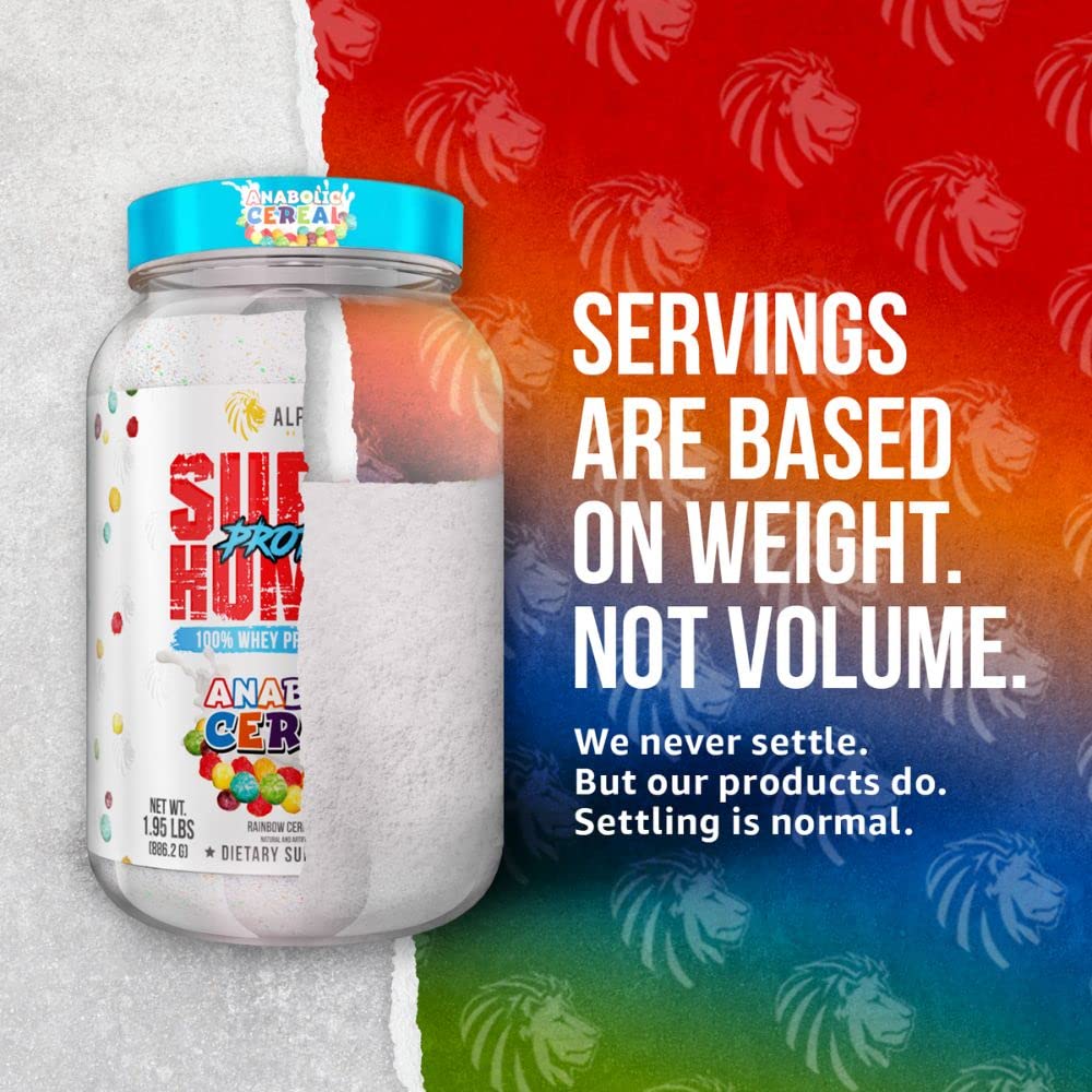 ALPHA LION Superhuman Whey instruction card highlighting convenient serving size.