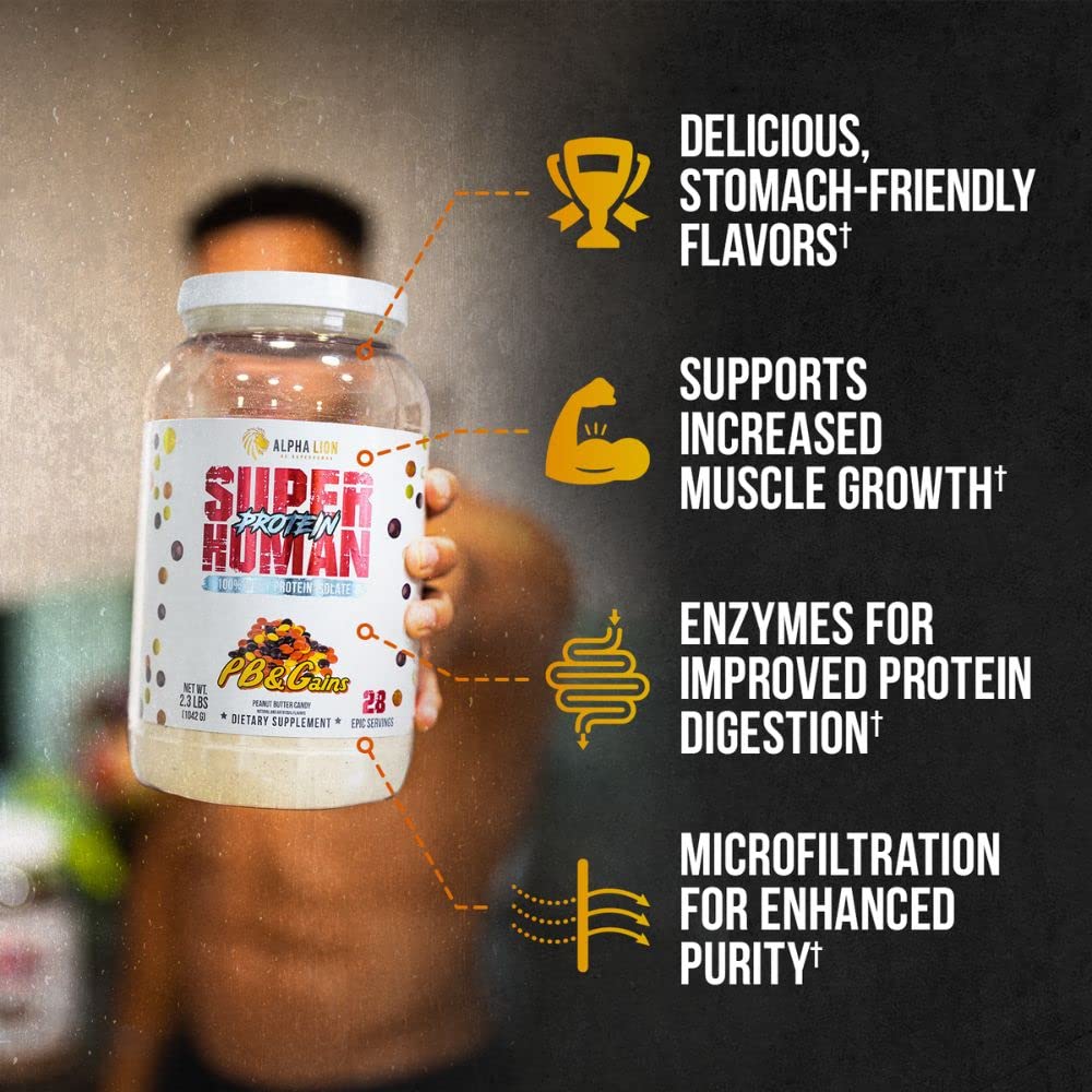 ALPHA LION Superhuman Whey tub closeup highlights pure whey isolate and clean labeling.