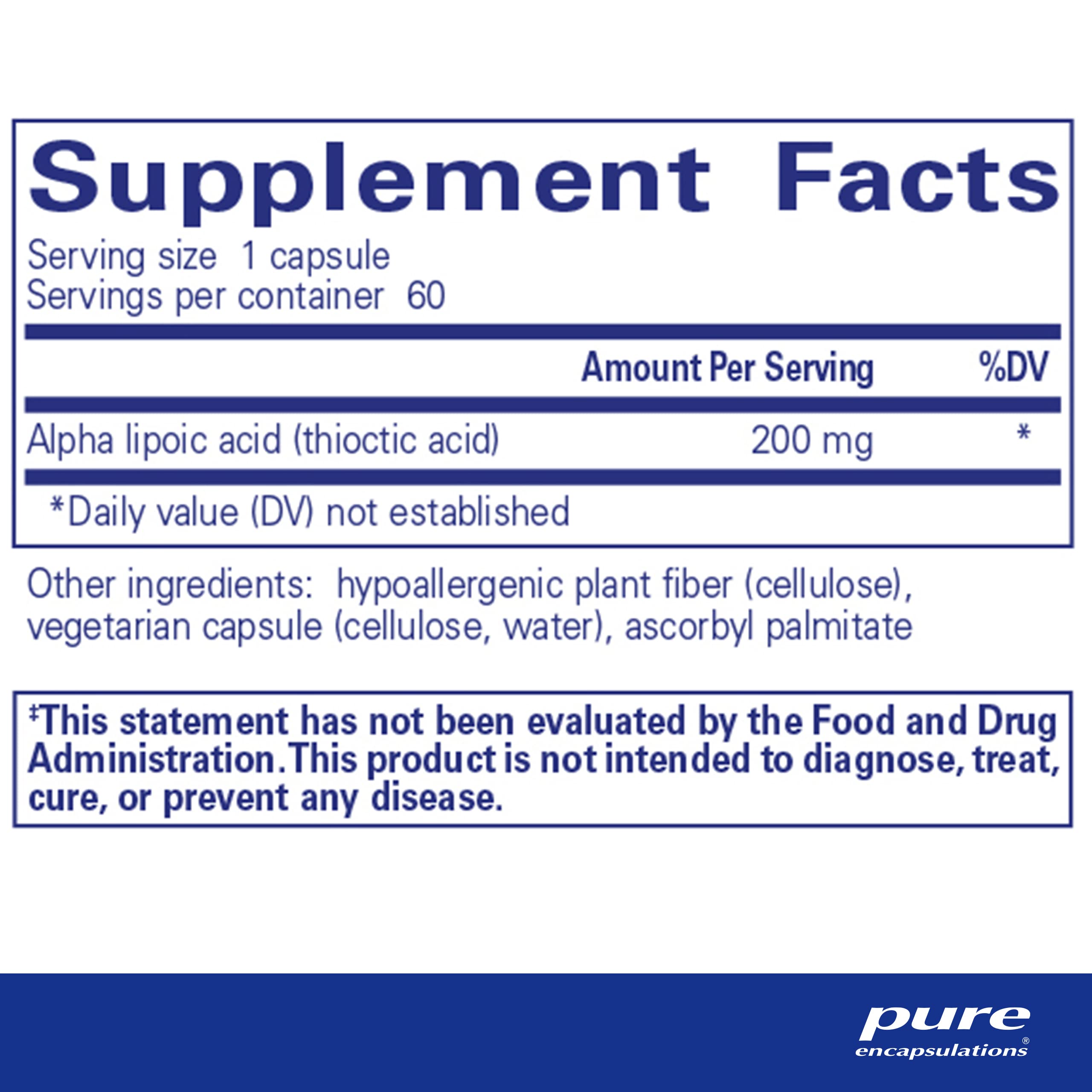 Pure Encapsulations Alpha Lipoic Acid 200 mg capsules closeup emphasizing potency.
