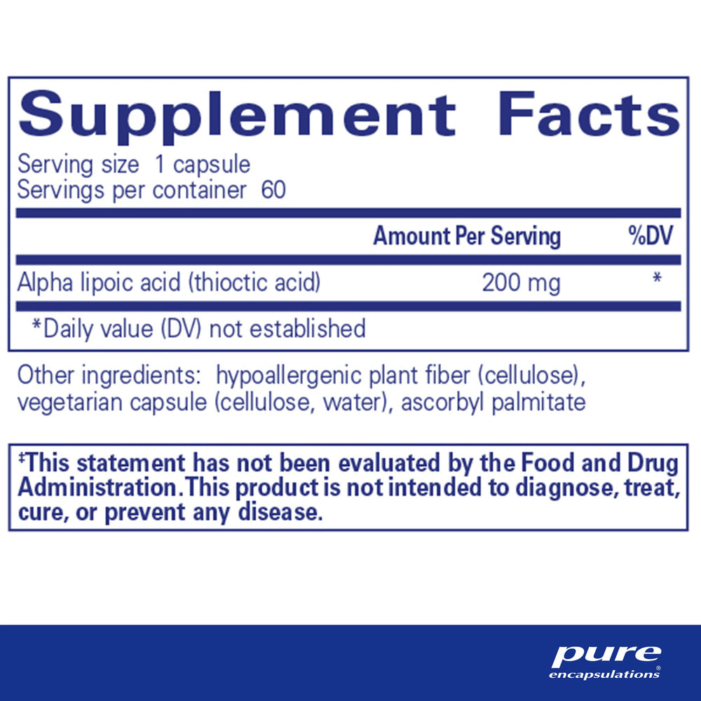 Pure Encapsulations Alpha Lipoic Acid 200 mg capsules closeup emphasizing potency.