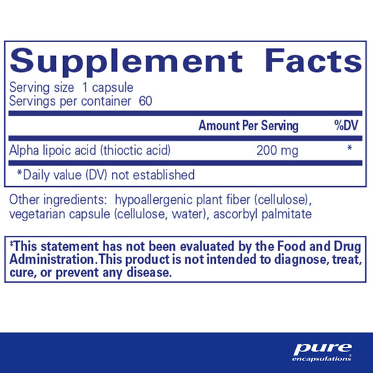 Pure Encapsulations Alpha Lipoic Acid 200 mg capsules closeup emphasizing potency.