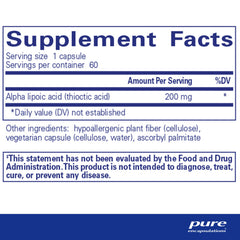 Pure Encapsulations Alpha Lipoic Acid 200 mg capsules closeup emphasizing potency.