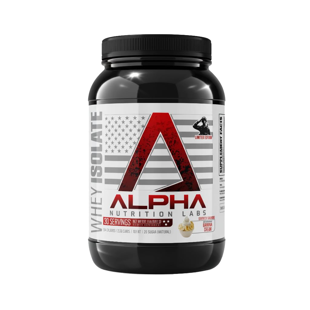 Alpha Nutrition Labs Whey Isolate Banana Cream tub—protein for muscle recovery and easy mixing.