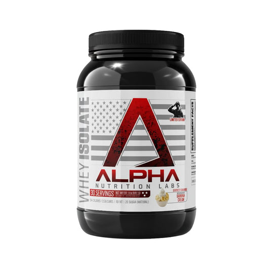 Alpha Nutrition Labs Whey Isolate Banana Cream tub—protein for muscle recovery and easy mixing.