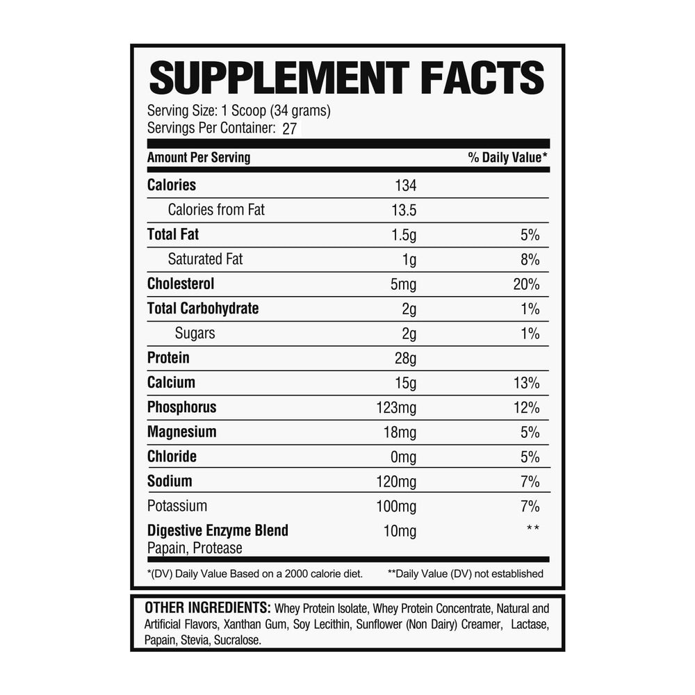 Alpha Nutrition Labs banana whey isolate nutrition label with 102 calories per serving