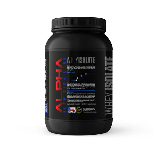 Alpha Nutrition Labs banana whey isolate canister with serving idea for quick protein