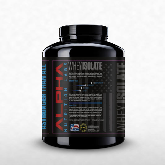 Alpha Nutrition Labs Whey Isolate Chocolate powder for high-protein, low-carb recovery routines.