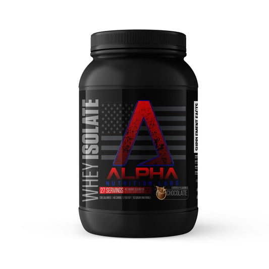 Alpha Nutrition Labs Whey Isolate chocolate tub showcasing premium protein blend for muscle support