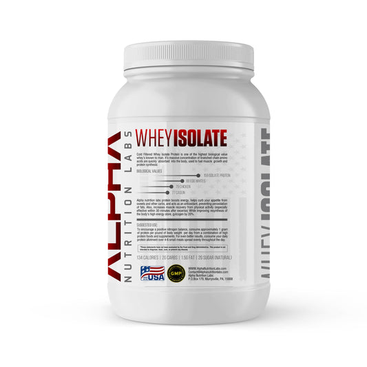 Alpha Nutrition Labs Cinnamon Crunch whey isolate bottle on shelf highlighting natural flavors.