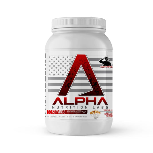 Alpha Nutrition Labs Whey Isolate Cinnamon Crunch powder close-up showing protein-rich formula.