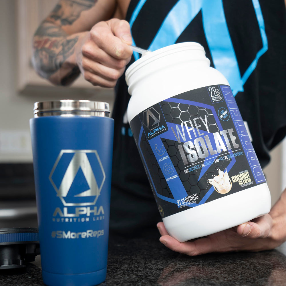 Alpha Nutrition Labs whey isolate tub label close-up highlighting 28g protein.