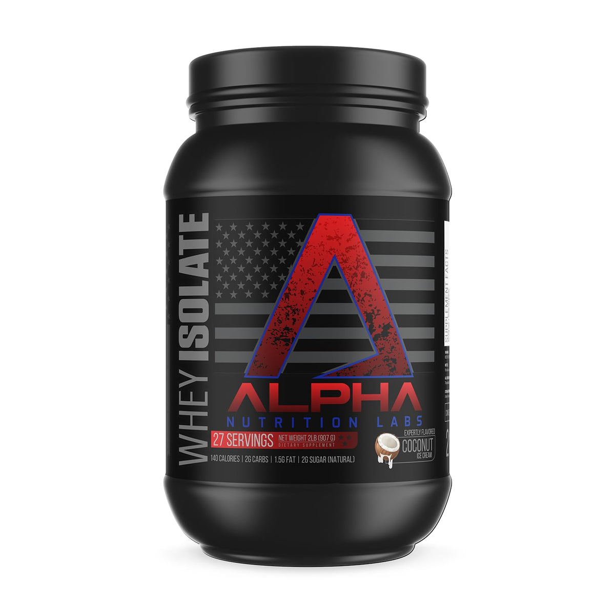 Alpha Nutrition Labs whey isolate coconut ice cream tub close-up, protein-packed formula.