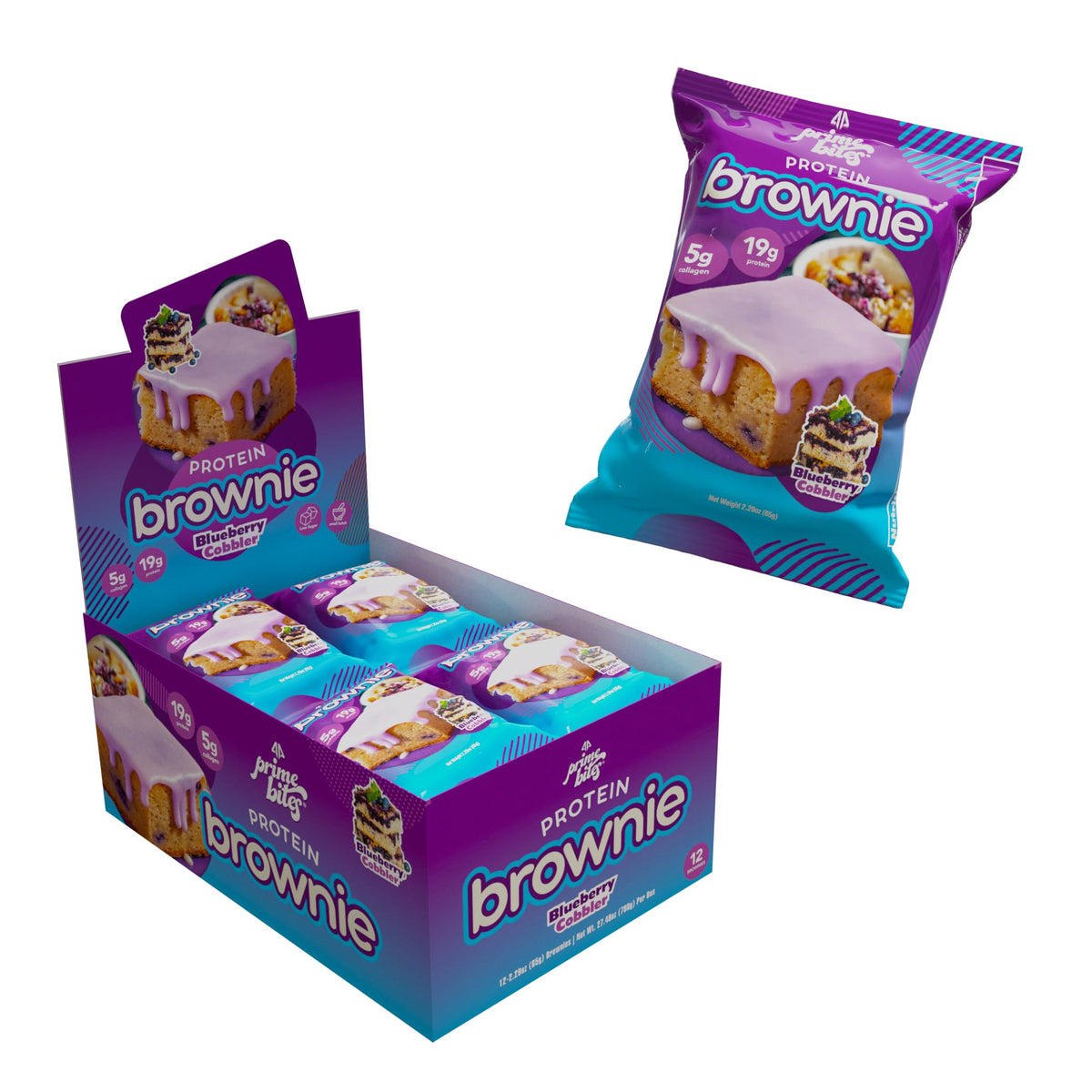Alpha Prime Prime Bites Blueberry Cobbler box front for on-the-go protein