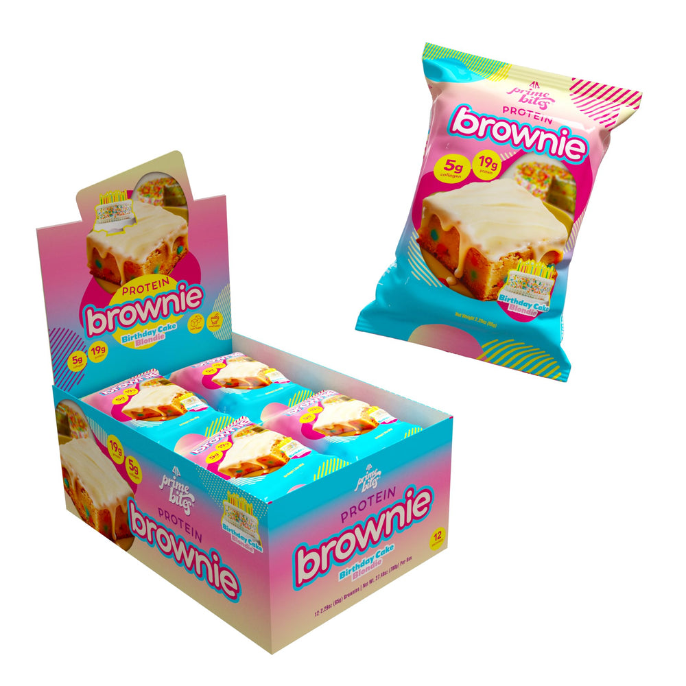 Alpha Prime Prime Bites brownie birthday cake blondie, protein-packed post-workout treat.