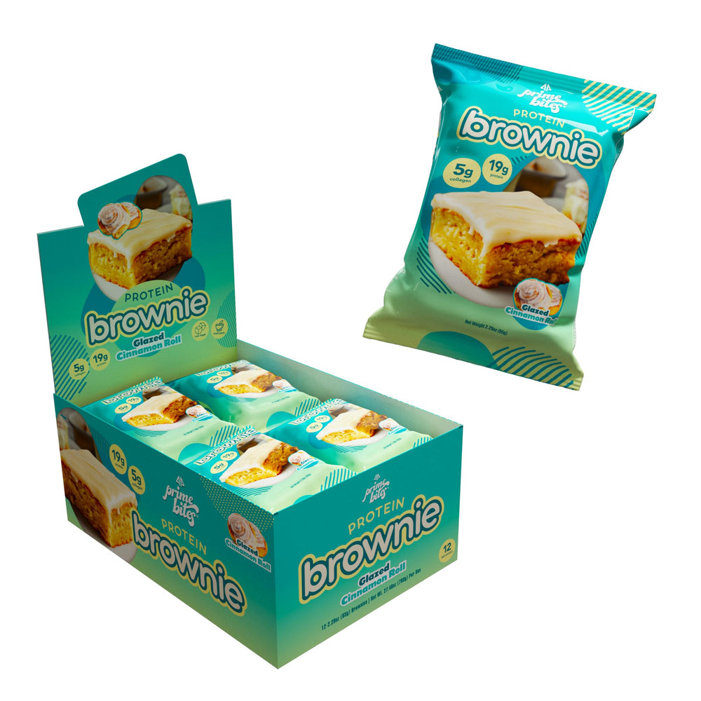 Alpha Prime Prime Bites Brownie Box Front showcases convenient packaging for on-the-go fueling.