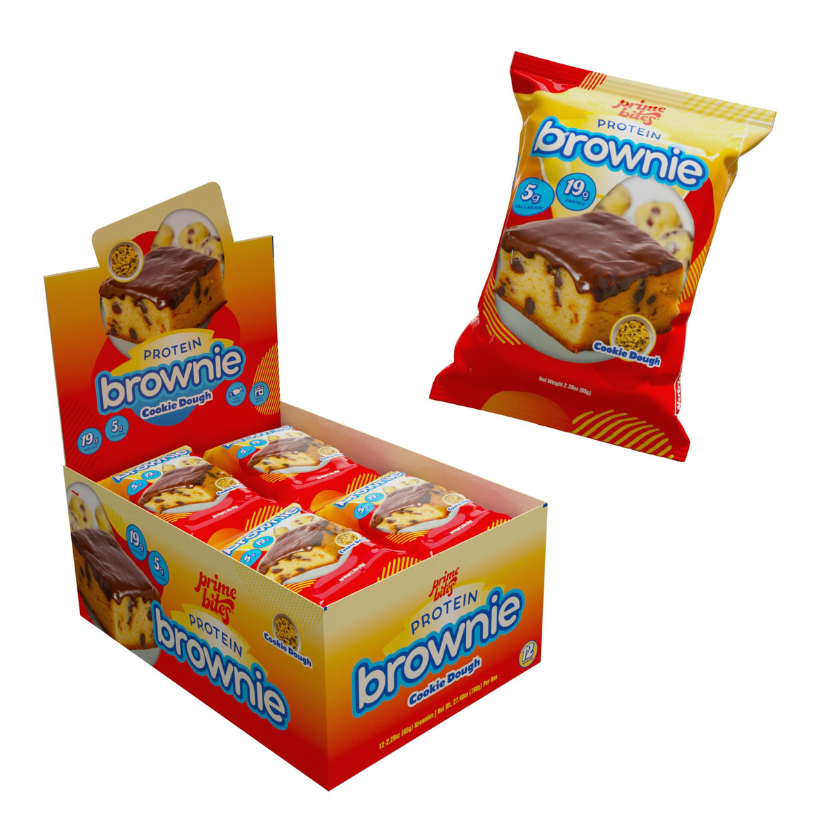 Alpha Prime Prime Bites brownie box front, protein-packed snack option for workouts.