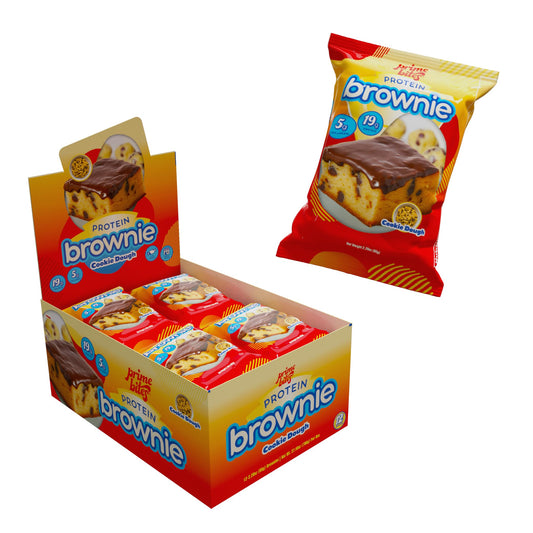 Alpha Prime Prime Bites brownie box front, protein-packed snack option for workouts.