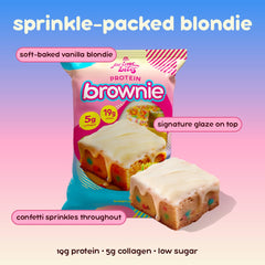 Alpha Prime Prime Bites birthday cake blondie, delicious flavor with 19g protein per serving.