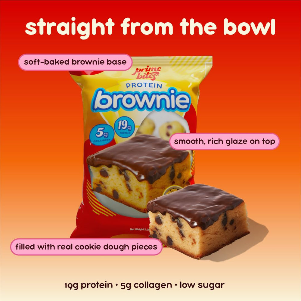 Alpha Prime Prime Bites brownie texture closeup shows soft, bakery-like bite.
