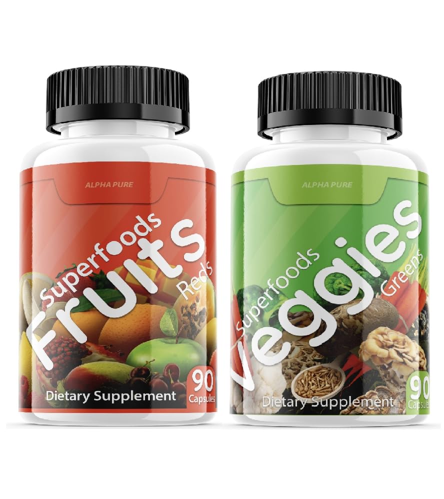 Alpha Pure Reds & Greens capsules bottle front shows a daily nutrition boost.