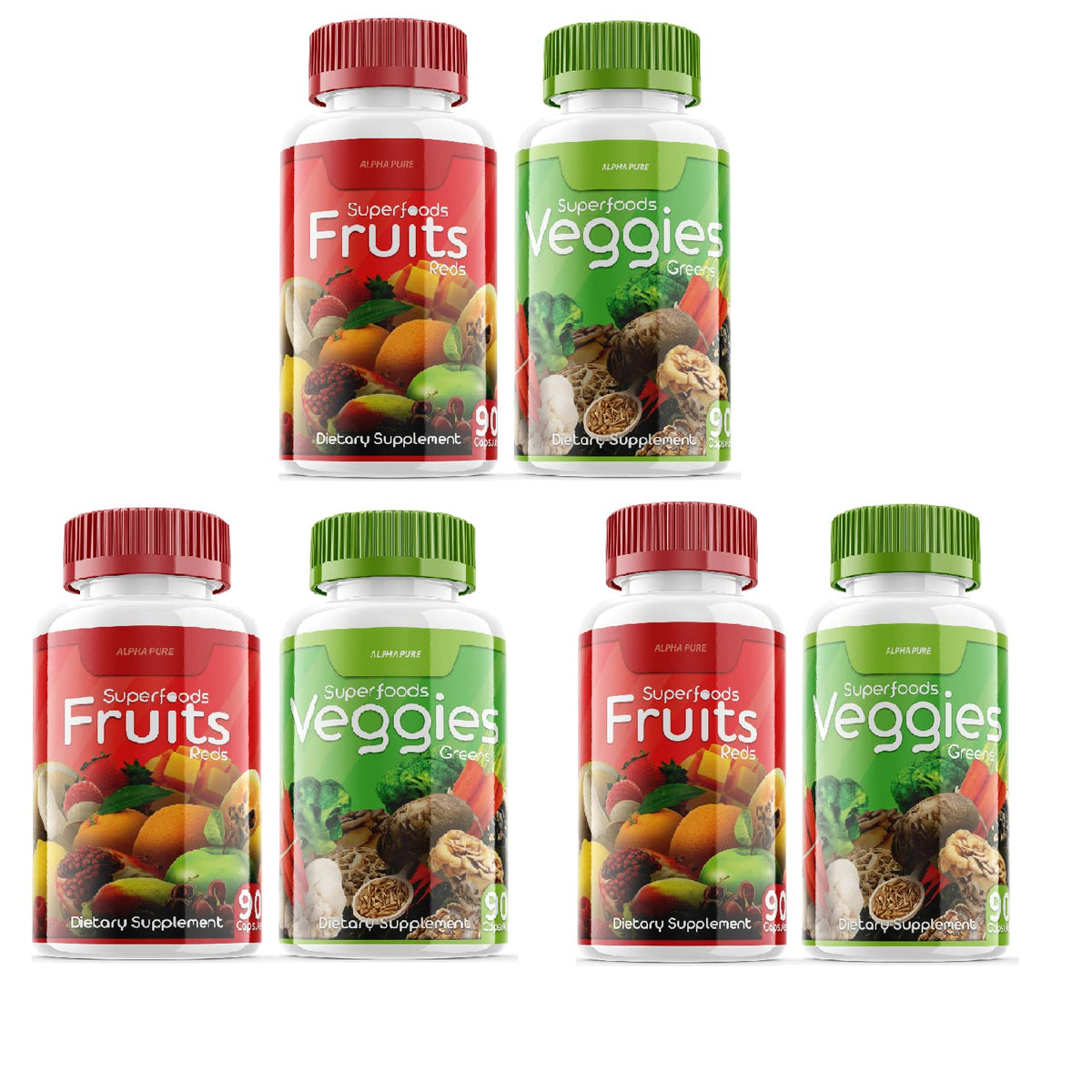 Alpha Pure triple-pack bottles arranged for daily greens and fruits support