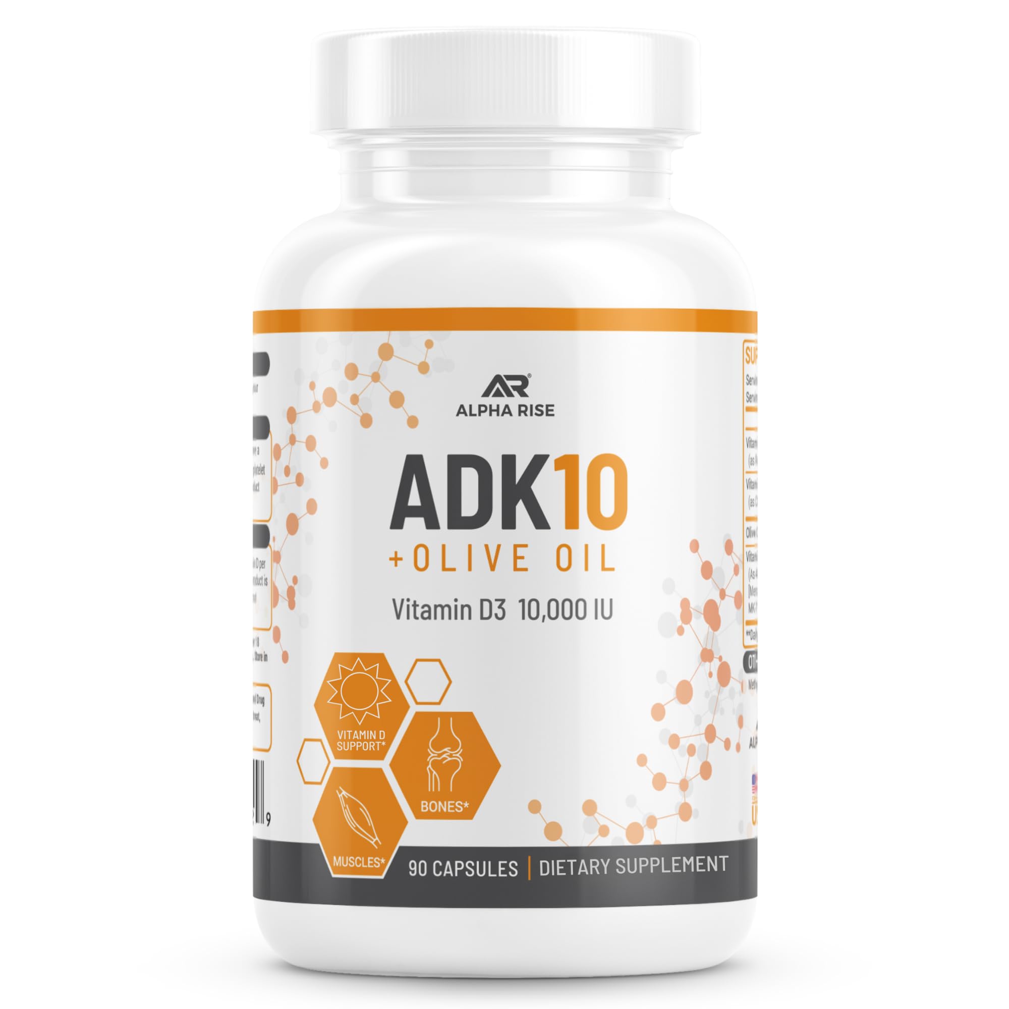 ALPHA RISE ADK10 bottle front, premium packaging for daily wellness support and absorption.