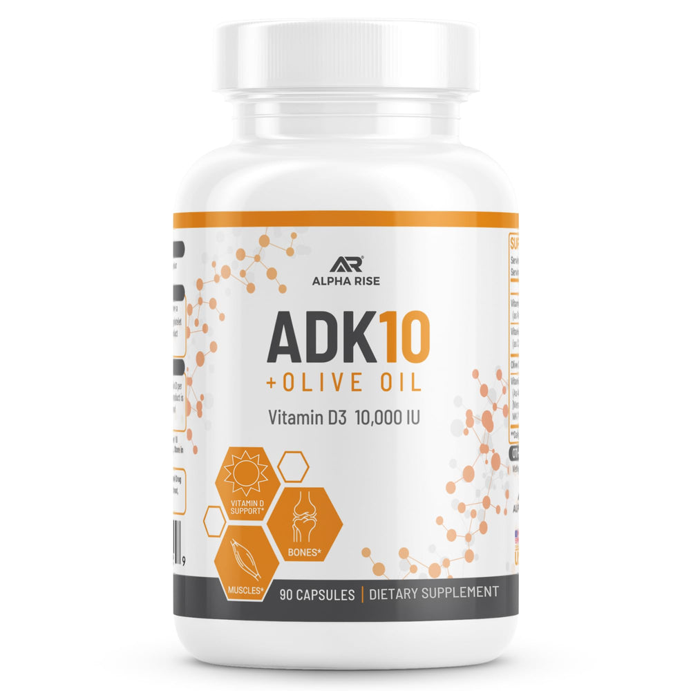 ALPHA RISE ADK10 bottle front, premium packaging for daily wellness support and absorption.