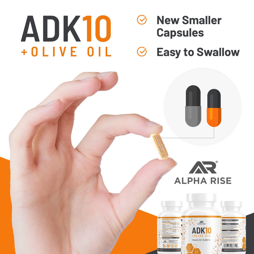 ALPHA RISE ADK10 bottle side label highlights ADK blend for bone health and immunity.