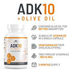 ALPHA RISE ADK10 capsules closeup shows vegetarian caps designed for easy absorption.