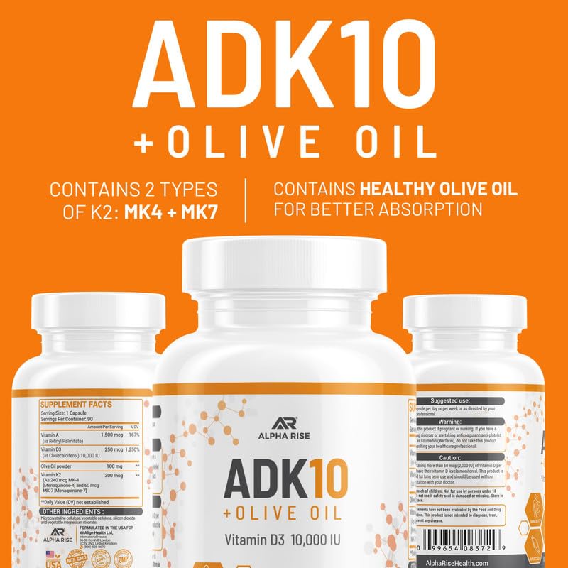 ALPHA RISE ADK10 ingredient list communicates vitamin A, D3, K2 details.