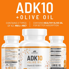 ALPHA RISE ADK10 ingredient list communicates vitamin A, D3, K2 details.