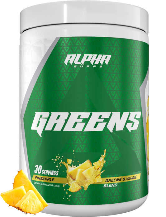 Alpha Supps Alpha Greens bottle pouring powder for a refreshing daily greens boost.
